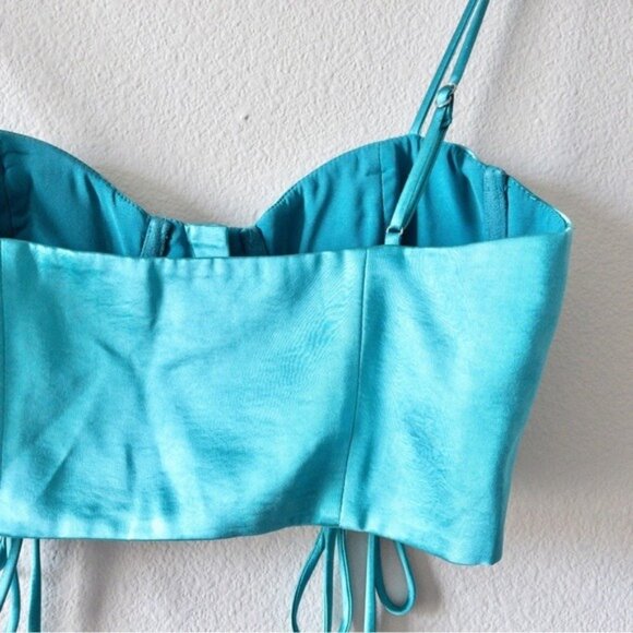 h:ours Op Bustier S Teal Lace Up Cropped Satin Zip Up Front REVOLVE Corset - Picture 7 of 7